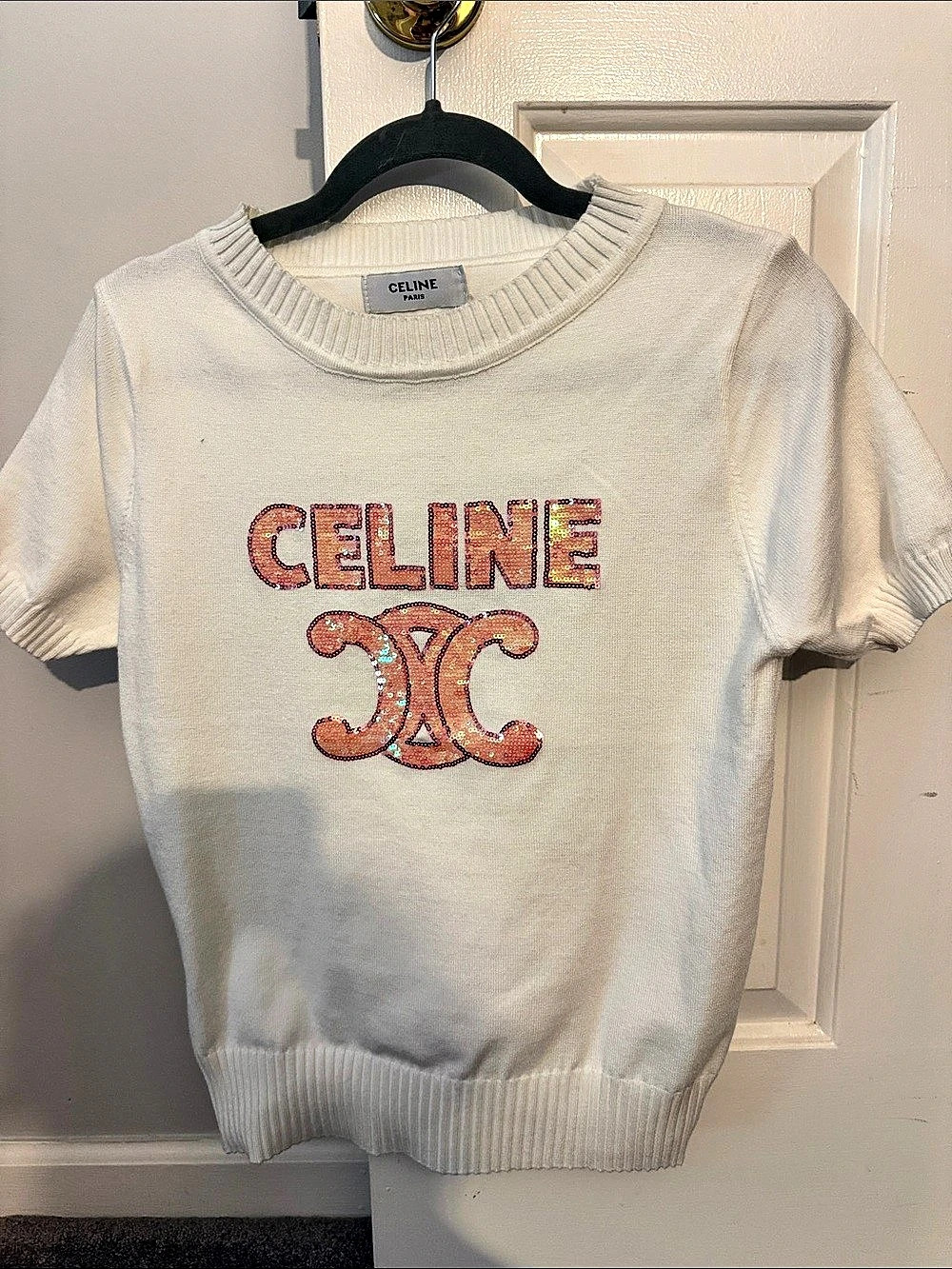 CELINE Sequin Logo Knit Sweater White